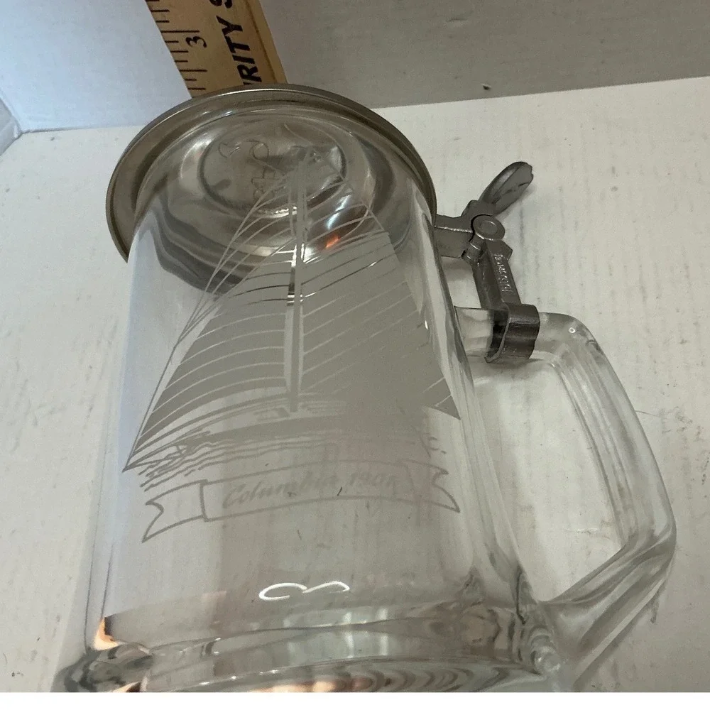 Vintage Glass Beer Stein Etched Columbia 1901 Sailboat Anchor Metal Lid Tankard